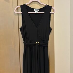 Elegant Maternity Black Dress with Gold Clasp and adjustable hanging belt.